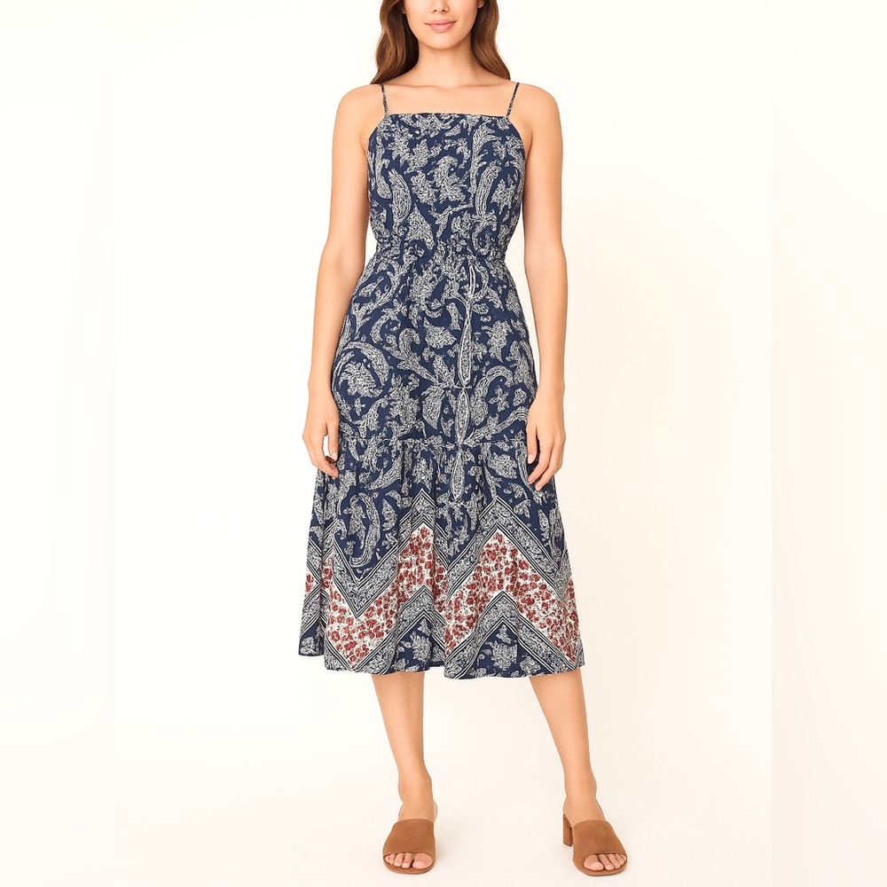 MISA Los Angeles Midi  Navy Blue Tiered Print Dress Tie Straps S